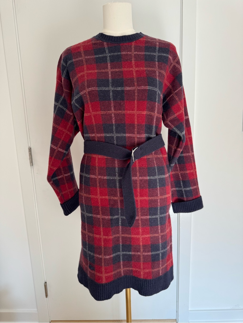 Lacoste Red & Navy Plaid Knit Belted Dress